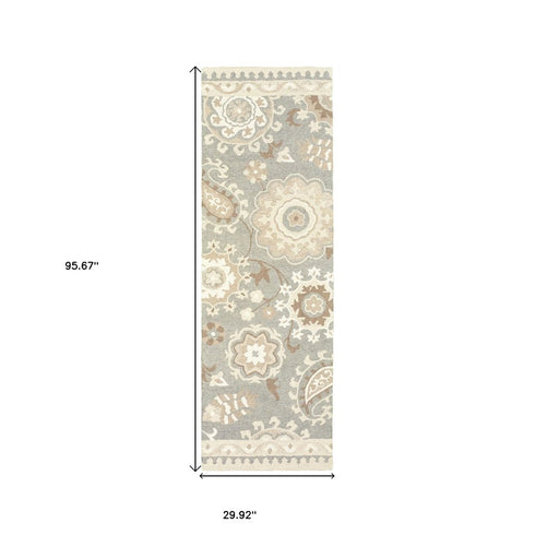 8' X 10' Gray And Sand Wool Floral Hand Tufted Area Rug