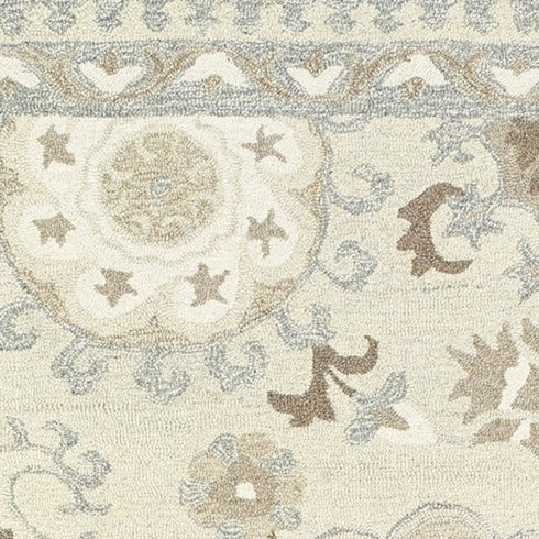 8' Ivory And Gray Wool Floral Hand Tufted Runner Rug