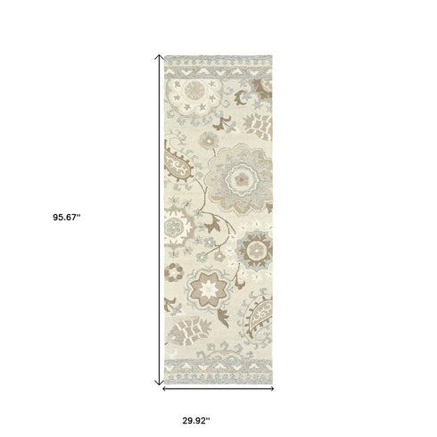 8' Ivory And Gray Wool Floral Hand Tufted Runner Rug