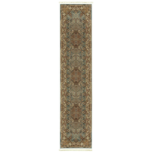 10' Blue And Gold Medallion Runner Rug With Fringe