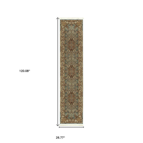 10' Blue And Gold Medallion Runner Rug With Fringe