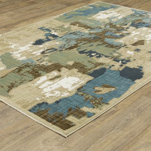8' X 11' Beige Brown And Blue Abstract Area Rug