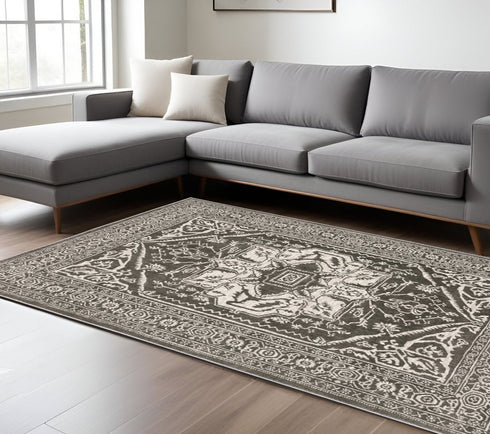 8' X 11' Gray And Ivory Oriental Area Rug