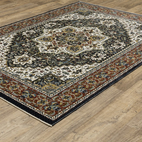 8' X 11' Navy Blue Medallion Area Rug With Fringe
