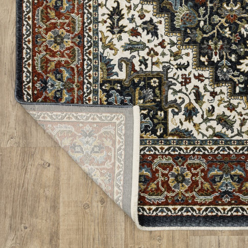 8' X 11' Navy Blue Medallion Area Rug With Fringe