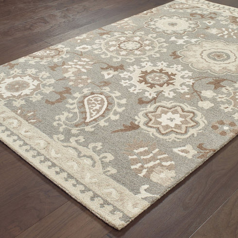 8' X 10' Gray And Sand Wool Floral Hand Tufted Area Rug