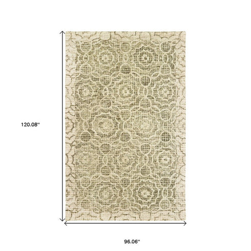 8' X 10' Green And Ivory Wool Geometric Hand Tufted Area Rug