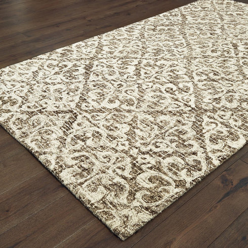 8' X 10' Brown And Ivory Wool Floral Hand Tufted Area Rug