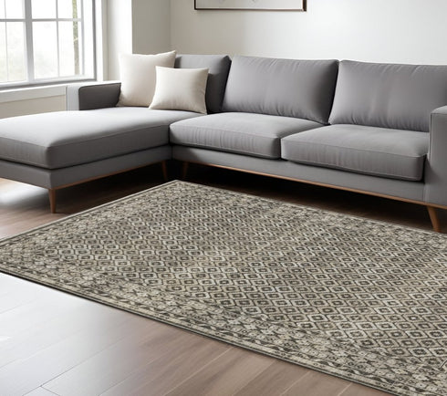 8' X 11' Gray And Beige Diamond Area Rug With Fringe