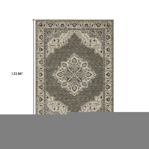 8' X 11' Gray And Beige Medallion Area Rug With Fringe