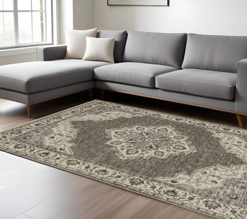 8' X 11' Gray And Beige Medallion Area Rug With Fringe