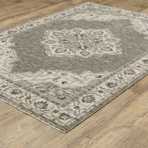 8' X 11' Gray And Beige Medallion Area Rug With Fringe