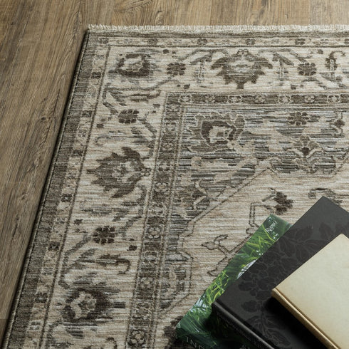 8' X 11' Gray And Beige Medallion Area Rug With Fringe