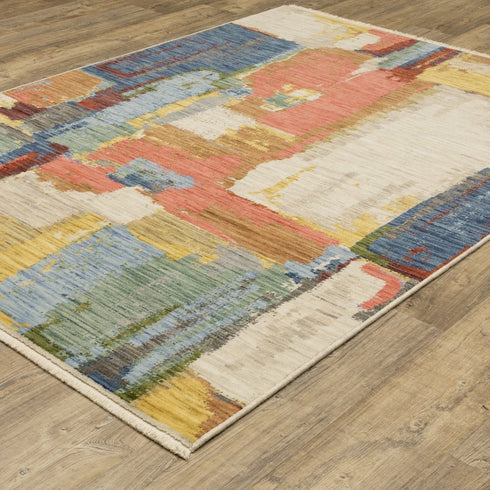 8' X 11' Pink Red And Yellow Abstract Area Rug With Fringe
