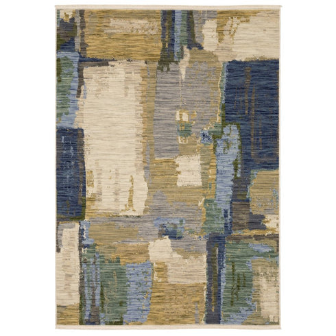 8' X 11' Blue Green And Beige Abstract Area Rug With Fringe
