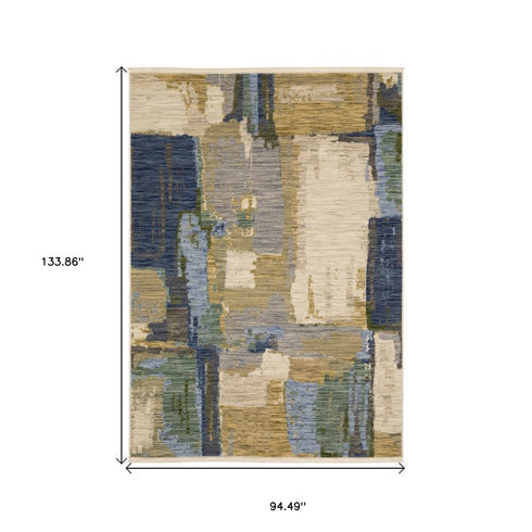 8' X 11' Blue Green And Beige Abstract Area Rug With Fringe