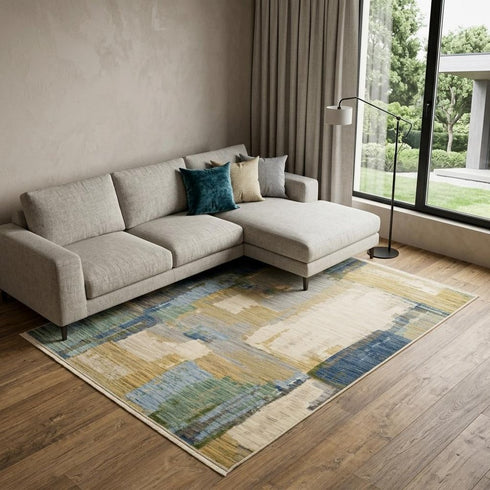 8' X 11' Blue Green And Beige Abstract Area Rug With Fringe