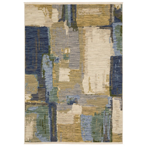 8' X 11' Blue Green And Beige Abstract Area Rug With Fringe