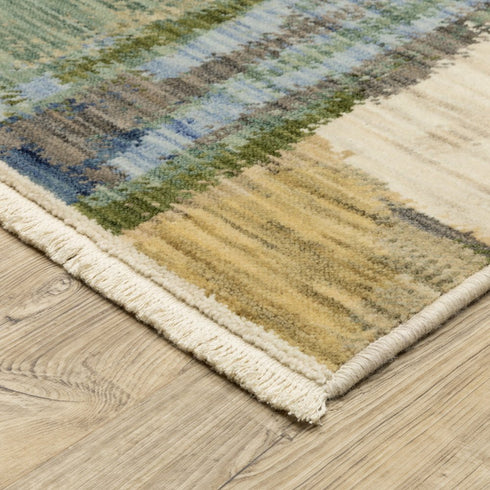 8' X 11' Blue Green And Beige Abstract Area Rug With Fringe