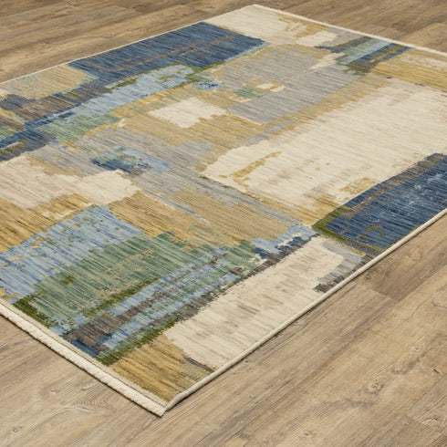 8' X 11' Blue Green And Beige Abstract Area Rug With Fringe