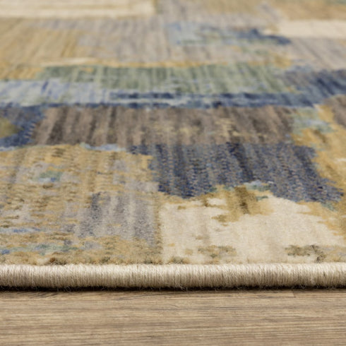 8' X 11' Blue Green And Beige Abstract Area Rug With Fringe