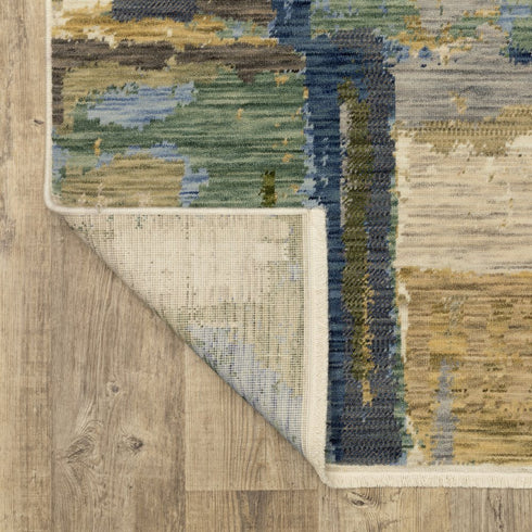 8' X 11' Blue Green And Beige Abstract Area Rug With Fringe