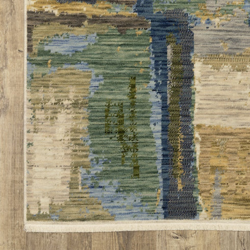 8' X 11' Blue Green And Beige Abstract Area Rug With Fringe