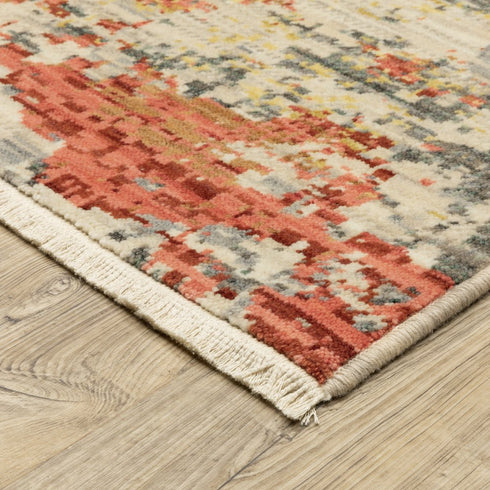 8' X 11' Beige And Pink Abstract Area Rug With Fringe