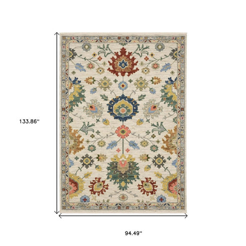 8' X 11' Ivory Red And Blue Oriental Area Rug With Fringe