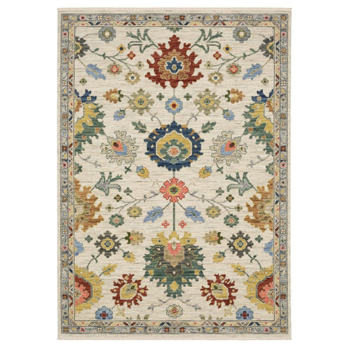 8' X 11' Ivory Red And Blue Oriental Area Rug With Fringe