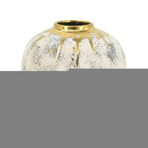 10" Ivory Gray And Gold Abstract Distressed Ceramic Round Table Vase