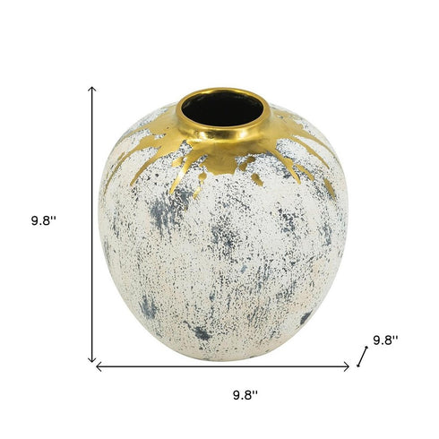 10" Ivory Gray And Gold Abstract Distressed Ceramic Round Table Vase