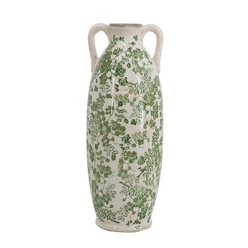 16" Green And White Leaf Ceramic Amphora Table Vase