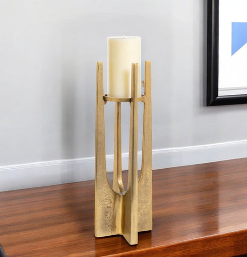 16" Gold Distressed Aluminum Geometric Tabletop Pillar Candle Holder