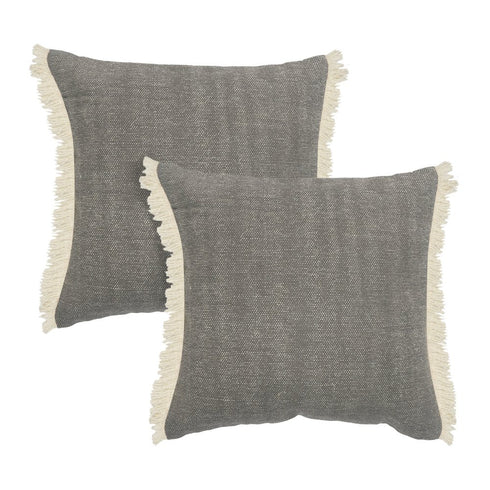 Set of Two 20" Gray And Off White Cotton Throw Pillows with Fringe