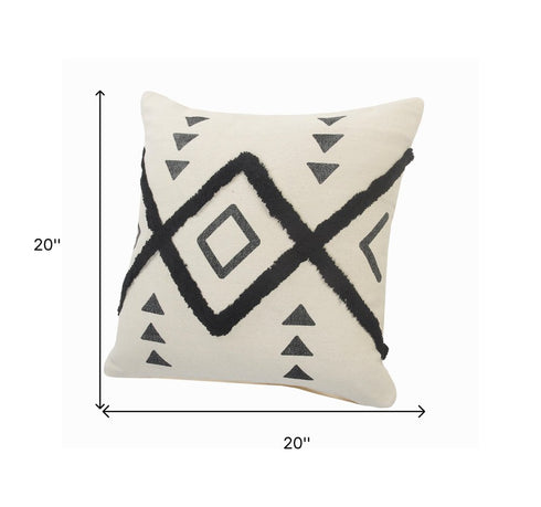 Set of Two 20" Natural And Black Geometric Cotton Throw Pillows with Texture