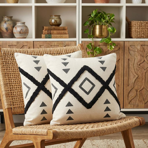Set of Two 20" Natural And Black Geometric Cotton Throw Pillows with Texture