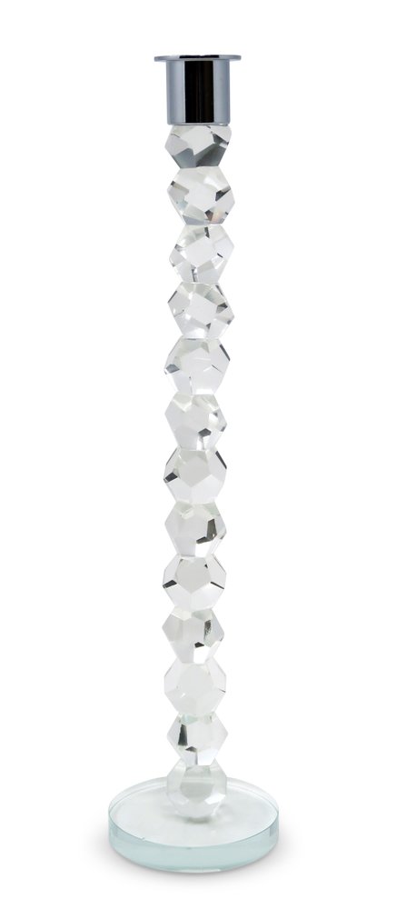 14" Clear And Silver Geo Stacks Crystal Tabletop Taper Candlestick