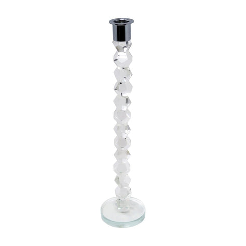 14" Clear And Silver Geo Stacks Crystal Tabletop Taper Candlestick