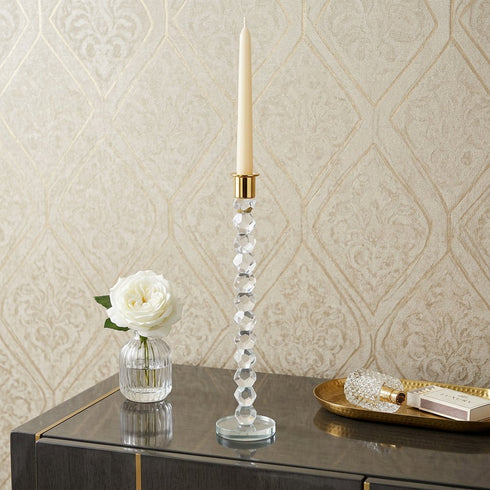 14" Clear And Gold Geo Stacks Crystal Tabletop Taper Candlestick