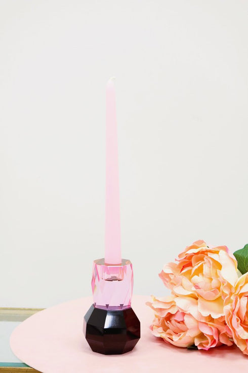 5" Pink And Black Faceted Crystal Tabletop Taper Candlestick