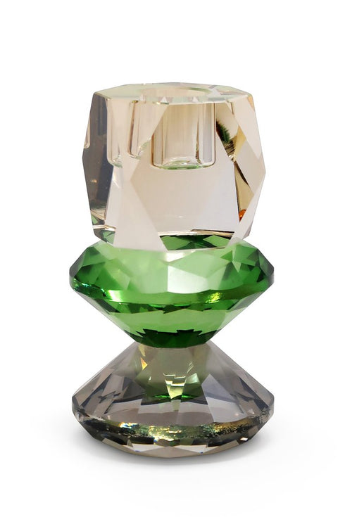 5" Amber Green And Smoky Black Faceted Crystal Tabletop Taper Candlestick