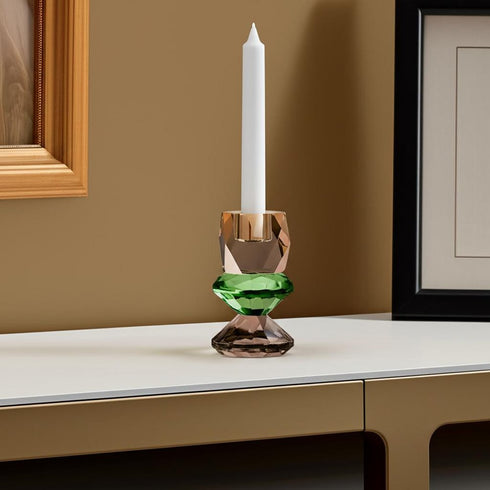 5" Amber Green And Smoky Black Faceted Crystal Tabletop Taper Candlestick