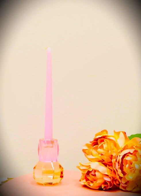 5" Pink And Clear Faceted Crystal Tabletop Taper Candlestick