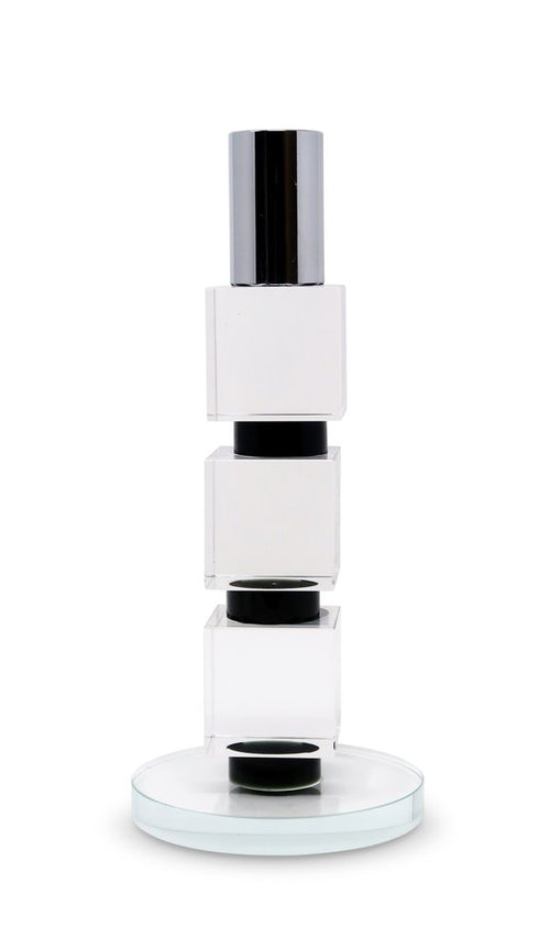 7" Silver Clear And Black Block And Cylinder Crystal Tabletop Taper Candlestick