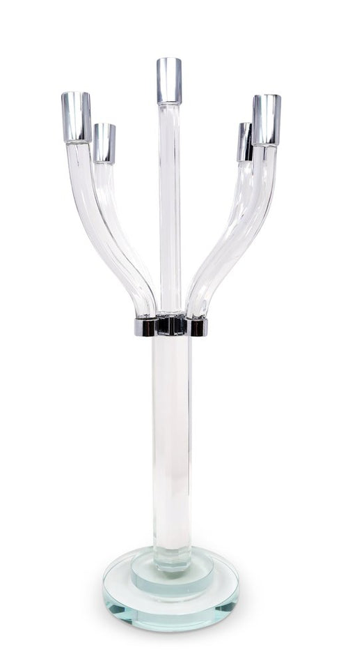 20" Clear And Silver Crystal Tabletop Contempo Candelabra Candle Holder