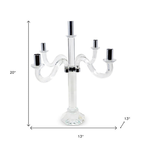 20" Clear And Silver Crystal Tabletop Candelabra Candle Holder