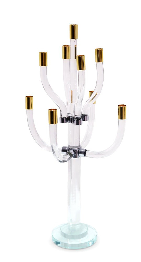 23" Clear Gold And Silver Crystal Tabletop Candelabra Candle Holder