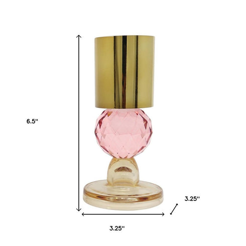 Set of Two Amber Gold And Pink Faceted Crystal Tabletop Taper Candlesticks