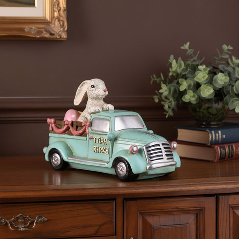 10" Aqua Resin Happy Easter Bunny And Car Figurine